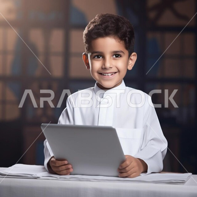 استعمال الأجهزة التقنية في دراسة المقررات المدرسية عن بعد, متابعة نتائج الامتحان عبر جهاز الحاسوب المحمول, صبي عربي خليجي سعودي يرتدي الثوب التقليدي يجلس على الطاولة ويحمل بيده التابلت, إيماءات وتعابير السعادة والسرور