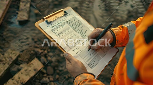 مهن و وظائف هندسية في المملكة العربية السعودية، ادارة المشاريع الهندسية، مفهوم الهندسة الصناعية، الاشراف في موقع العمل، مهندس عربي خليجي سعودي يرتدي خوذة وسترة الحماية خاصة بالعمل يقوم بكتابة وتدوين الملاحظات