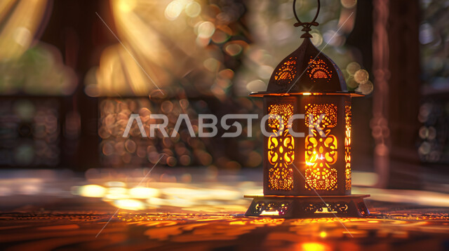 فوانيس وتحف وديكورات تقليدية للاحتفال بقدوم شهر رمضان المبارك، أجواء رمضانية وروحانية إسلامية، فانوس عربي معدني مزخرف مضيء، العادات والتقاليد العربية في زينة الأعياد والمناسبات الدينية