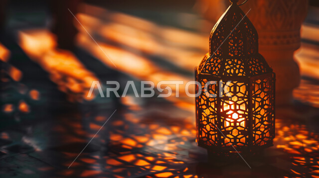 العادات والتقاليد العربية في زينة الأعياد والمناسبات الدينية، فوانيس وتحف وديكورات تقليدية للاحتفال بقدوم شهر رمضان المبارك، أجواء رمضانية وروحانية إسلامية، فانوس عربي معدني مزخرف مضيء