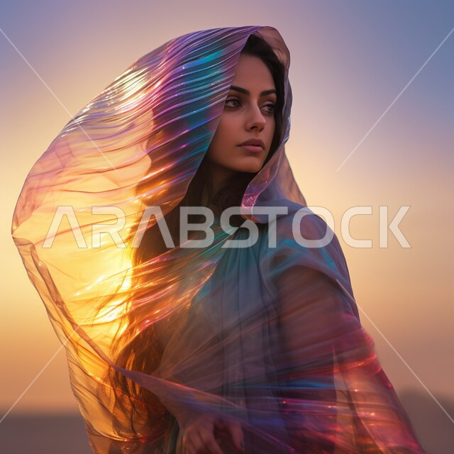 الاهتمام بالأناقة والمظهر الخارجي، مفهوم الأنوثة والنعومة، صورة مقربة لامرأة عربية خليجية سعودية ترتدي وشاح ملون، إيماءات الثقة بالنفس، غروب الشمس في المناطق الصحراوية الهادئة
