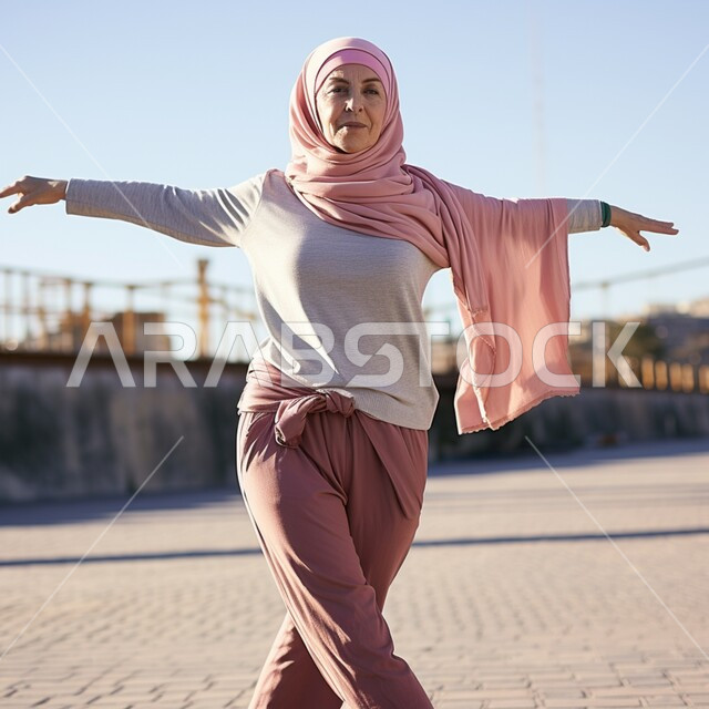 ممارسة رياضة اليوغا والاسترخاء والاستجمام في الصباح الباكر ، امرأة عربية خليجية سعودية محجبة تقف باستقامة وترفع يديها بالهواء الطلق، تفريغ الطاقة السلبية وصفاء الذهن
