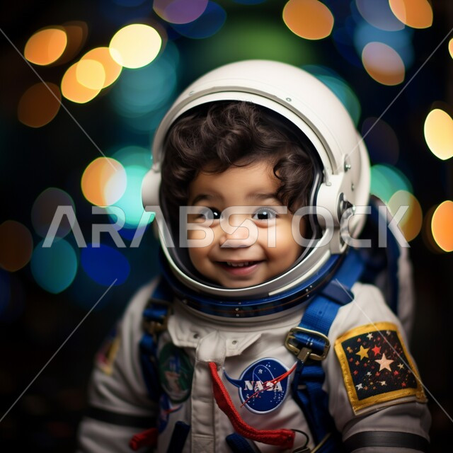 Striving to achieve goals and ambitions since childhood, dream of reaching the moon, close-up photo of a Saudi Arabian Gulf child wearing an astronaut uniform, smiling and looking at the camera, choosing a profession and future job