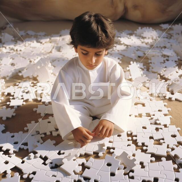 الأنشطة الترفيهية وألعاب الذكاء للأطفال، ولد عربي خليجي سعودي يرتدي الثوب التقليدي ويقوم بتركيب قطع البازل الصغيرة، تعزيز و تنمية المهارات الفكرية والإبداعية، مفهوم التركيز وحل اللغز 