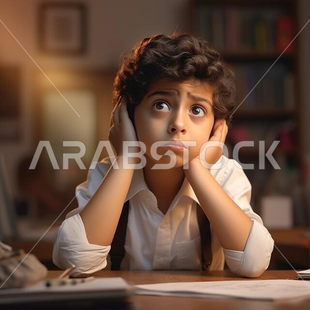 الشعور والاحساس بالضجر والارهاق، ولد عربي خليجي سعودي يرتدي الثوب التقليدي ويجلس على طاولة الدراسة ينظر الى الأعلى بإيماءات العبوس والملل، إنتظار شيء ما، التفكير وشرود الذهن