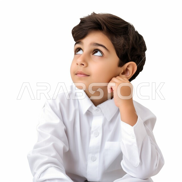 ايماءات التفكير وشرود الذهن ، بورتريه مقرب لولد عربي خليجي سعودي يرتدي الثوب التقليدي يرفع يده على وجهه ويقوم بالنظر الى الأعلى وإنتظار شيء ما ، خلفية بيضاء