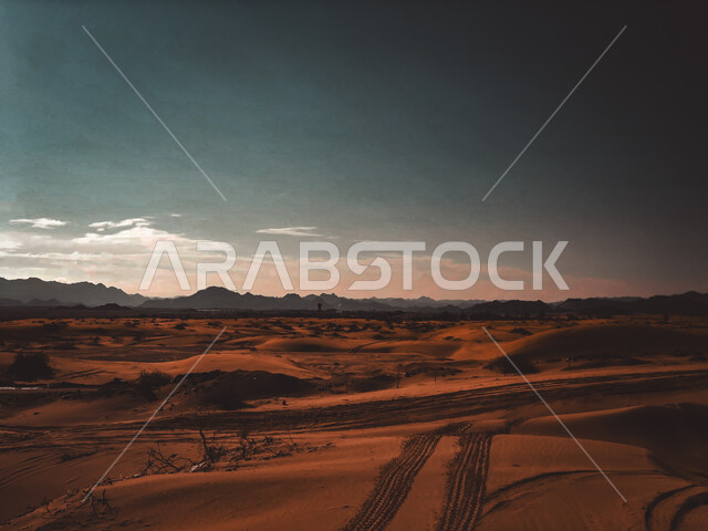 The terrain, peaks and sand formations in the desert of Hail, the soft sand and dunes in the deserts of the Kingdom of Saudi Arabia, the famous desert tourist recreational areas and places.