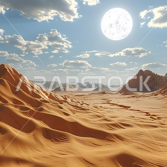 View of the full moon in the sky full of clouds and clouds, dry and harsh desert climate, sand hills and dunes, soft golden sand, desert landscape in Saudi Arabia, desert areas in Saudi Arabia