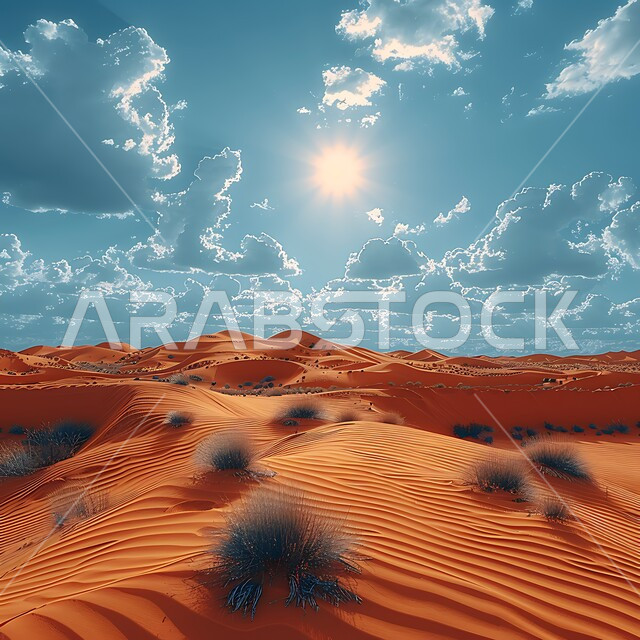 ظهور النباتات الشوكية في المناخ الصحراوي الجاف والقاسي، أشعة الشمس الحارقة في السماء المليئة بالسحب والغيوم ، التلال والكثبان الرملية، الرمال الذهبية الناعمة، المناظر الطبيعية في الصحراء في المملكة العربية، المناطق الصحراوية في السعودية