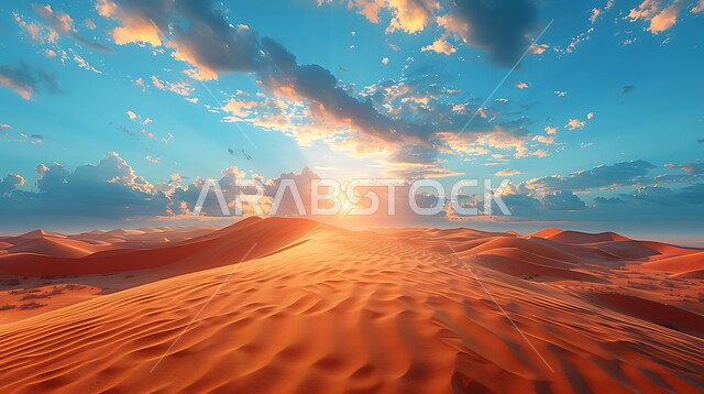 منظر السماء المليئة بالسحب والغيوم في وقت غروب الشمس، التلال والكثبان الرملية، الرمال الذهبية الناعمة، المناظر الطبيعية في الصحراء في المملكة العربية، المناطق الصحراوية في السعودية، المناخ الصحراوي الجاف والقاسي