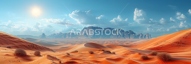 أشعة الشمس والسماء المليئة بالغيوم فوق التلال والكثبان الرملية، نمو النباتات الشوكية في المناخ الصحراوي الجاف والقاسي، المرتفعات الصخرية والقمم في المناطق الصحراوية في المملكة العربية السعودية، الرمال الذهبية الناعمة، المناظر الطبيعية في الصحاري والبراري