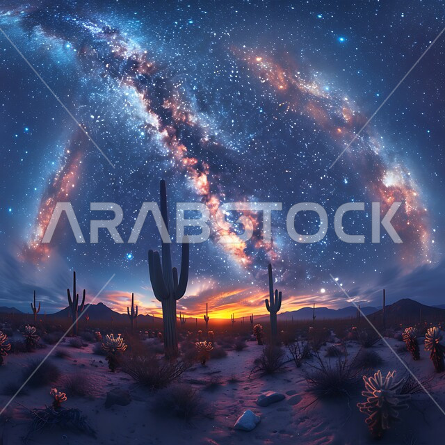 The growth of cacti and spiny plants in the desert environment in the Arabian Desert, golden sand dunes, highlands and terrain in the Kingdom at night time, a scene of the Milky Way and the bright stars in the Saudi sky, nature background