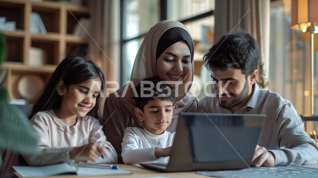 مفهوم التعلم عن بعد باستخدام الأجهزة التقنية الحديثة والتكنولوجيا، عائلة عربية خليجية سعودية تجلس أمام الكومبيوتر المحمول يقومون بمتابعة الدروس أونلاين، مساعدة الأبناء في حل الواجبات الدراسية، الدراسة عبر منصات التعليم الالكترونية