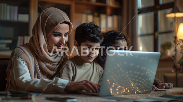 مساعدة الأبناء في حل الواجبات الدراسية، مفهوم التعلم عن بعد باستخدام الأجهزة التقنية الحديثة والتكنولوجيا، أم عربية خليجية سعودية تجلس أمام الكومبيوتر المحمول مع اولادها يقومون بمتابعة الدروس أونلاين، الدراسة عبر منصات التعليم الالكترونية