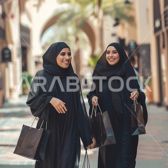 ايماءات السرور بعد التسوق والشراء وتأثيره الإيجابي على المرأة، عروض وتخفيضات موسمية في الأسواق السعودية, امرأتان عربيتان خليجيتان سعوديتان محجبتان ترتديان عباءات سوداء تحملان أكياس تسوق ورقية، قضاء وقت ممتع برفقة الأصدقاء
