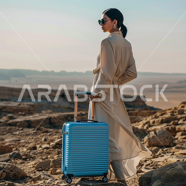 Following fashion trends and the concept of elegance and attention to external appearance, displaying modern contemporary fashion designs for women, a Saudi Arabian Gulf woman wearing elegant beige clothes and holding a travel bag in her hand, gestures and expressions of self-confidence, tourism and travel in desert areas