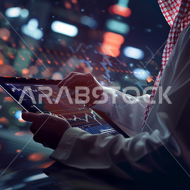 دمج التكنولوجيا المتطورة مع العمل، إنجاز وتحقيق أهداف الشركة, تداول العملة الرقمية، صورة مقربة ليدين لرجل أعمال عربي خليجي سعودي يحمل تابليت ويقوم بمتابعة مخطط الرسم البياني للنمو الاقتصادي، مراقبة ارتفاع وانخفاض الأسهم في سوق البورصه