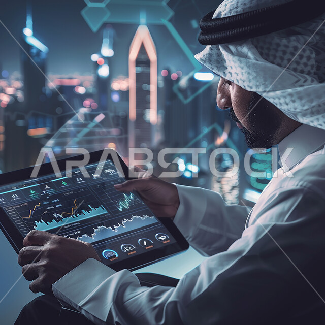 تداول العملة الرقمية، صورة مقربة من الجانب لرجل أعمال عربي خليجي سعودي يحمل بيده تابليت ويقوم بمتابعة مخطط الرسم البياني للنمو الاقتصادي، إنجاز وتحقيق أهداف الشركة, دمج التكنولوجيا المتطورة مع العمل، مراقبة ارتفاع وانخفاض الأسهم في سوق البورصه