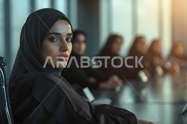 مهن ووظائف سعودية، الحوارات والنقاشات ضمن الفريق وإنجاز العمل، مفهوم الشراكة والتعاون، مجموعة من سيدات الأعمال العربيات الخليجيات السعوديات المحجبات يجلسون على طاولة الإجتماعات