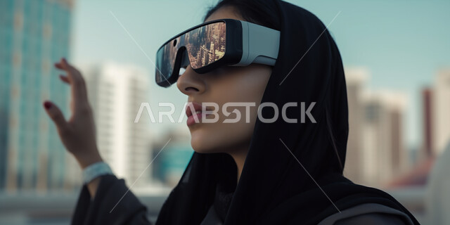 التفاعل والاندماج مع الواقع الافتراضي, العلوم والتكنولوجيا الحديثة والمتطورة, صورة مقربة لامرأة عربية خليجية سعودية ترتدي نظارة ثلاثية الأبعاد وتنظر إلى شيء ما, المنشآت والمباني السكنية، خلفية أبراج وناطحات سحاب