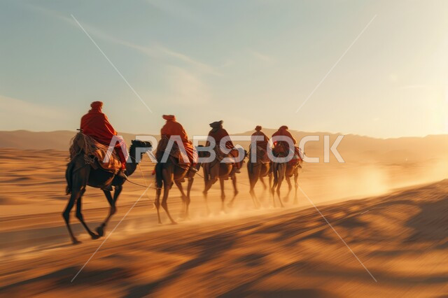 استخدام الإبل في التنقل في صحارى المملكة العربية السعودية، الرمال الذهبية الناعمة، مجموعة من الجمال تسير فوق الكثبان الرملية في الصحراء في وقت النهار، أماكن سياحية صحراوية، الإهتمام في تربية ورعاية الحيوانات