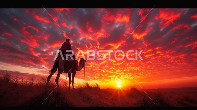 منظر غروب الشمس والسماء المليئة بالغيوم  فوق الرمال الذهبية الناعمة، استخدام الإبل في التنقل في صحارى المملكة العربية السعودية، مجموعة من الجمال تسير فوق الكثبان الرملية في الصحراء، أماكن سياحية صحراوية، الإهتمام في تربية ورعاية الحيوانات