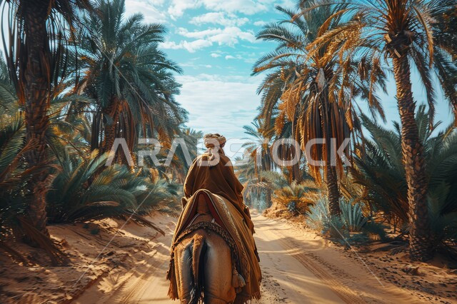 المحميات الطبيعية البرية للعناية بالإبل والنواق، تربية ورعاية المواشي والثديات في المملكة العربية السعودية، رجل عربي خليجي سعودي يرتدي الزي التقليدي يقود جمل في واحة مليئة بأشجار النخيل، التنقل والسفر في المناطق الصحراوية