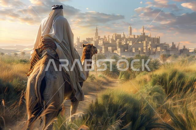 Ancient cities and monuments, wild natural reserves for caring for camels and camels, raising and caring for livestock and mammals in the Kingdom of Saudi Arabia, a Saudi Gulf Arab man wearing traditional clothing driving a camel in an oasis full of green plants.
