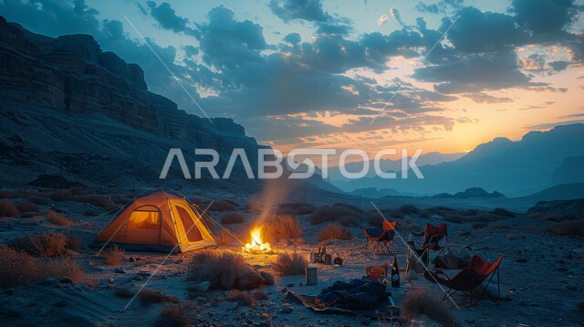 A tent and a flame of fire in the middle of the soft golden sand in the desert, camping places and tourist trips, enjoying the view of the sky full of clouds during sunset in the desert landscape, famous tourist attractions in the Kingdom of Saudi Arabia