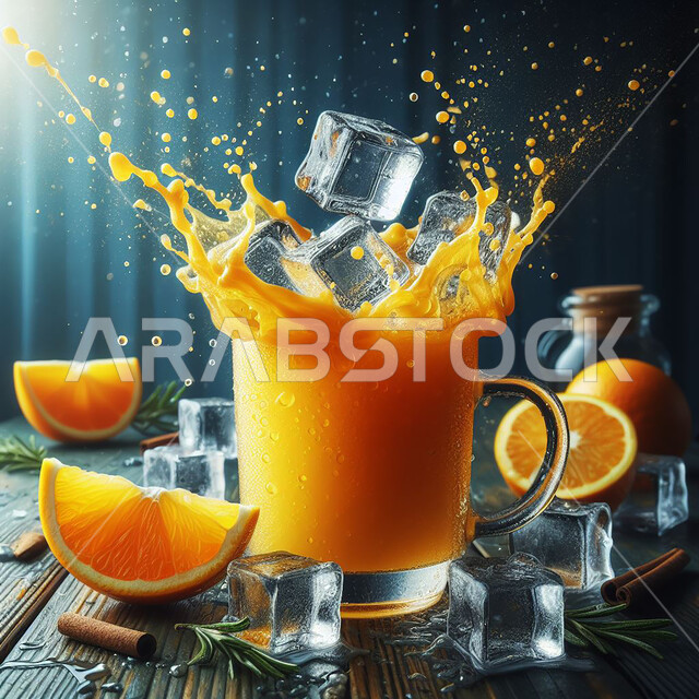 المشروبات الطبيعية الباردة المليئة بالفيتامينات، بورتريه لكأس من عصير البرتقال الطازج مع الشرائح وقطع الثلج ، عصائر لذيذة صحية ومفيدة ، عصير صيفي منعش ومثلج، خلفية غامقة