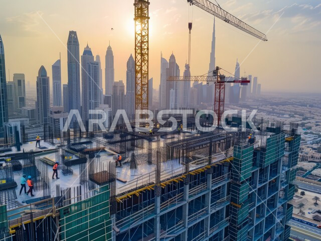 مفهوم تحسين البنية التحتية للبلاد في إمارة دبي، أعمال البناء والمقاولات والتطوير العقاري، إنشاء الأساسات والهياكل للمشروعات السكنية والمصانع، التطور المعماري والحضاري في الإمارات العربية المتحدة، تشييد المباني والمشاريع الضخمة