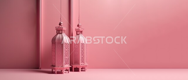 Traditional antiques and decorations to celebrate the advent of the holy month of Ramadan, illuminated decorative metal lanterns, Ramadan and Islamic spiritual atmosphere, Arab customs and traditions in holiday decorations and religious occasions, pink background