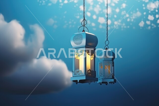 Arab traditions and customs in holiday decorations and religious occasions, Ramadan and Islamic spiritual atmosphere, traditional decorations and artifacts to celebrate the advent of the holy month of Ramadan, decorative metal lanterns and white clouds, blue background