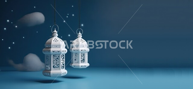 Ramadan and Islamic spiritual atmosphere, traditional decorations and artifacts to celebrate the advent of the holy month of Ramadan, illuminated decorative metal lanterns, Arab customs and traditions in holiday decorations and religious occasions, blue background