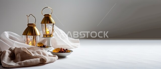 مصابيح وأنوار في الأجواء الرمضانية الروحانية، إضاءة وزينة شهر رمضان المبارك، فوانيس معدنية مزخرفة باللون الذهبي، تحف اسلامية تقليدية للاحتفال بقدوم شهر الخير، خلفية بيضاء