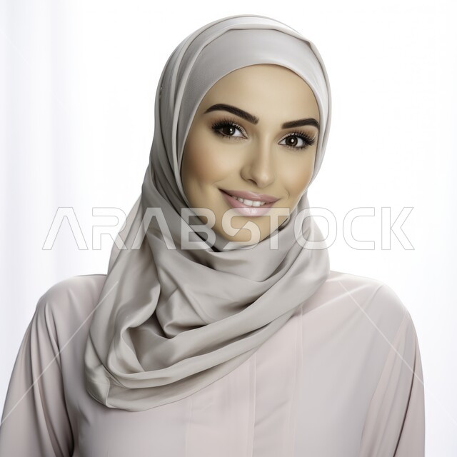 Elegance and attention to external appearance, a close-up portrait of a smiling Saudi Gulf Arab woman wearing a hijab looking at the camera with gestures of self-confidence and pleasure, modern women’s hijab, the concept of femininity and softness, a white background