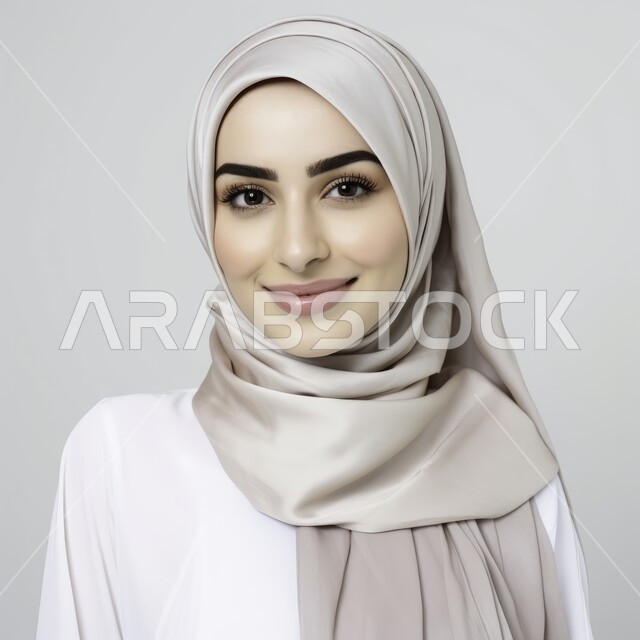 حجابات نسائية عصريه حديثه, مفهوم الأنوثة والنعومة، الأناقة والاهتمام بالمظهر الخارجي، بورتريه مقرب لإمرأة عربية خليجية سعودية مبتسمة ترتدي الحجاب تنظر إلى الكاميرا بإيماءات الثقة بالنفس والسرور، خلفية بيضاء