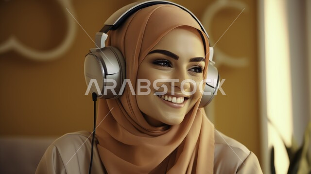 Expressions and gestures of pleasure and happiness, using modern technical devices, a close-up picture of a smiling Saudi Gulf Arab woman wearing the hijab and putting on the headphone, paying attention to elegance and appearance, listening to songs and music through headphones.