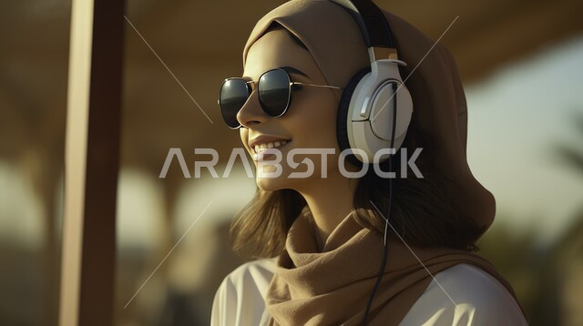  تعابير وايماءات السرور والسعادة، استخدام الأجهزة التقنية الحديثة، صورة مقربة لإمرأة عربية خليجية سعودية مبتسمة ترتدي الحجاب تضع الهيدفون، الاهتمام بالأناقة والمظهر الخارجي، الاستماع الى الأغاني والموسيقى عبر سماعة الرأس