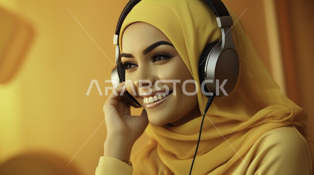  تعابير وايماءات السرور والسعادة، استخدام الأجهزة التقنية الحديثة، صورة مقربة لإمرأة عربية خليجية سعودية مبتسمة ترتدي الحجاب تضع الهيدفون، الاهتمام بالأناقة والمظهر الخارجي، الاستماع الى الأغاني والموسيقى عبر سماعة الرأس