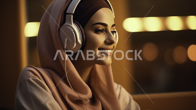  تعابير وايماءات السرور والسعادة، استخدام الأجهزة التقنية الحديثة، صورة مقربة لإمرأة عربية خليجية سعودية مبتسمة ترتدي الحجاب تضع الهيدفون، الاهتمام بالأناقة والمظهر الخارجي، الاستماع الى الأغاني والموسيقى عبر سماعة الرأس