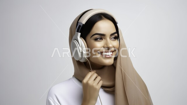 استخدام الأجهزة التقنية الحديثة، بورتريه مقرب لإمرأة عربية خليجية سعودية مبتسمة ترتدي الحجاب تضع الهيدفون، الاهتمام بالأناقة والمظهر الخارجي، الاستماع الى الأغاني والموسيقى عبر سماعة الرأس، تعابير وايماءات السرور والسعادة، خلفية بيضاء