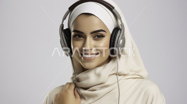 Using modern technical devices, a close-up portrait of a smiling Saudi Gulf Arab woman wearing a hijab, wearing a headphone, paying attention to elegance and external appearance, listening to songs and music through headphones, expressions and gestures of joy and happiness, a white background.