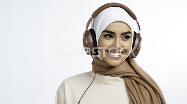 استخدام الأجهزة التقنية الحديثة، بورتريه مقرب لإمرأة عربية خليجية سعودية مبتسمة ترتدي الحجاب تضع الهيدفون، الاهتمام بالأناقة والمظهر الخارجي، الاستماع الى الأغاني والموسيقى عبر سماعة الرأس، تعابير وايماءات السرور والسعادة، خلفية بيضاء
