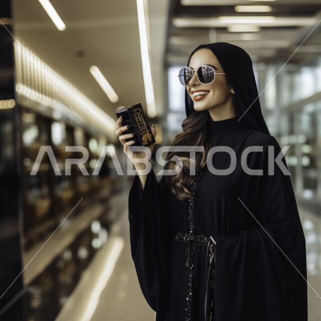 ارتداء العباءة والنظارات الشمسية، التطيب والتعطر بالعود والزيوت العطرية, مفهوم الأناقة والإهتمام بالمظهر الخارجي, صورة مقربة لإمرأة عربية سعودية خليجية تحمل زجاجة العطر، التسويق لمنتجات العطور والمستحضرات النسائية