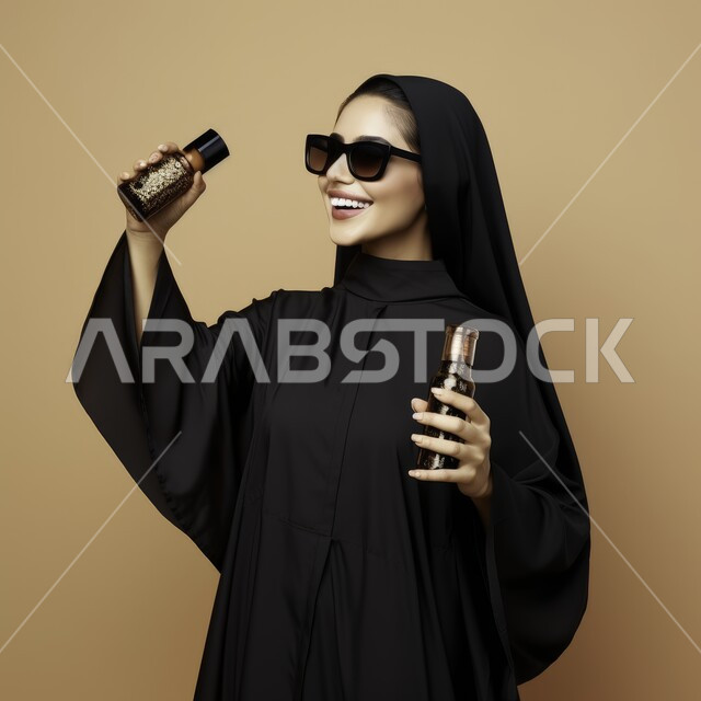 التطيب والتعطر بالعود والزيوت العطرية, مفهوم الأناقة والإهتمام بالمظهر الخارجي, بورتريه مقرب لإمرأة عربية سعودية خليجية تحمل زجاجات العطر, التسويق لمنتجات العطور والمستحضرات النسائية, ارتداء العباءة والنظارات الشمسية, خلفية بيج