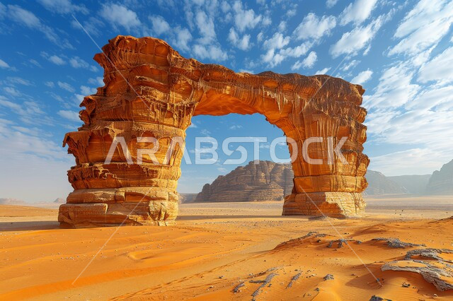 التكوينات والتشكيلات الصخرية في صحراء المملكة العربية السعودية، المرتفعات والتضاريس والقمم الجبلية في البراري، السماء المليئة بالغيوم فوق الرمال الناعمة والكثبان الرملية الذهبية، مناطق البادية والبيئة الطبيعية الصحراوية