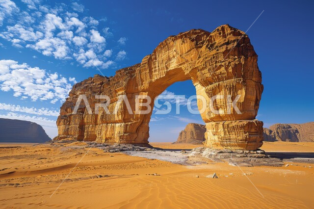 المرتفعات والتضاريس والقمم الجبلية في البراري، السماء المليئة بالغيوم فوق الرمال الناعمة والكثبان الرملية الذهبية، التكوينات والتشكيلات الصخرية في صحراء المملكة العربية السعودية، مناطق البادية والبيئة الطبيعية الصحراوية