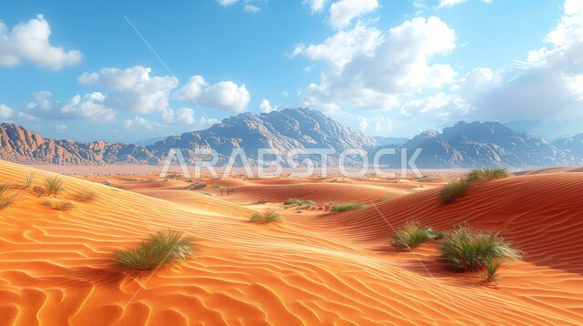 نمو النباتات الشوكية في المناخ الصحراوي الجاف والقاسي، المرتفعات الصخرية والقمم في المناطق الصحراوية في المملكة العربية السعودية، السماء المليئة بالغيوم فوق التلال والكثبان الرملية، الرمال الذهبية الناعمة، المناظر الطبيعية في الصحاري والبراري