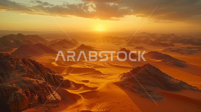 الرمال الذهبية الناعمة، المناخ الصحراوي الجاف والقاسي، السماء المليئة بالغيوم فوق التلال والكثبان الرملية، المرتفعات الصخرية والقمم في المناطق الصحراوية في المملكة العربية السعودية، المناظر الطبيعية في الصحاري والبراري